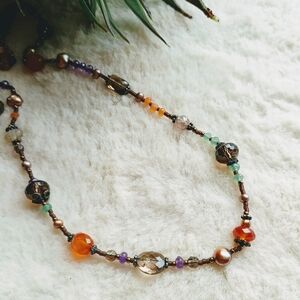 Y2K, handmade, freshwater pearl, faceted gemstone and glass crystal necklace